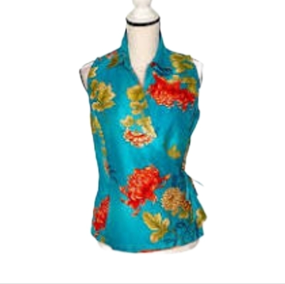 Silk floral teal wrap sleeveless collard top size small - Picture 2 of 11